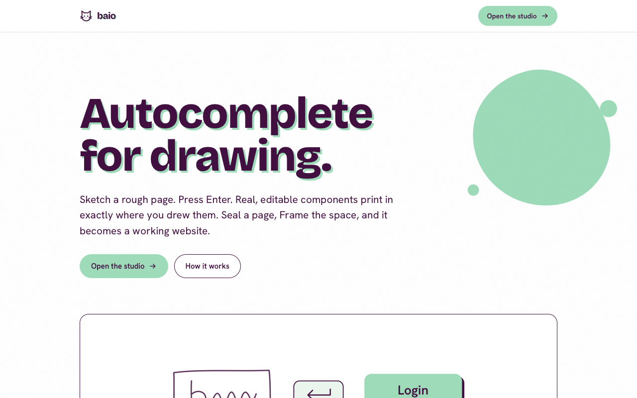 baio landing page — autocomplete for drawing
