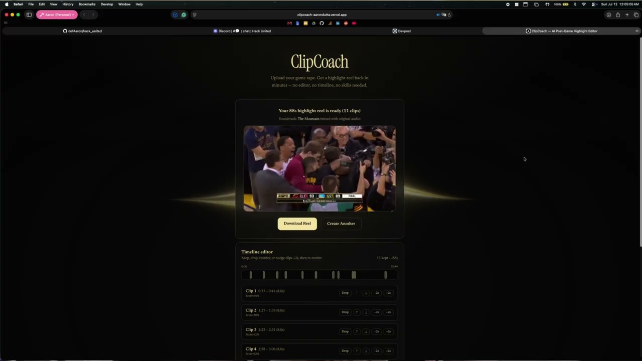 ClipCoach highlight reel result and timeline editor