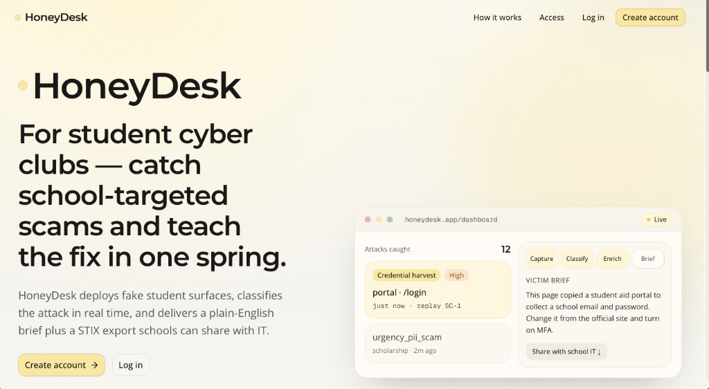HoneyDesk landing page and ops dashboard
